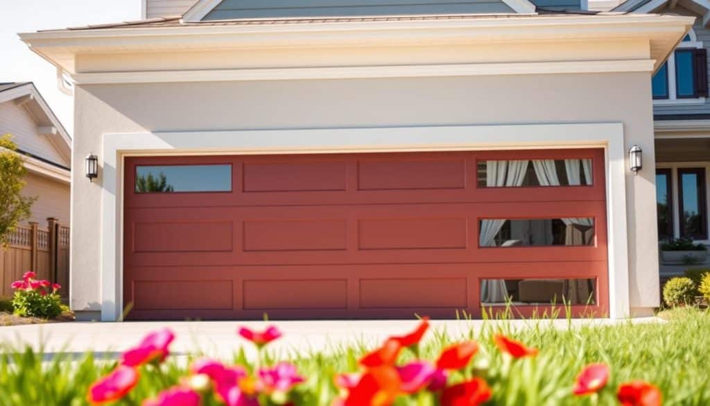 A modern residential garage featuring a sleek, new garage door with a contemporary design, showcasing a blend of insulated panels and large glass windows for enhanced energy efficiency. In the foreground, a well-maintained lawn with colorful flowers adds to the curb appeal. The middle ground highlights the beautifully crafted garage door, complete with elegant hardware and a vibrant color that complements the home’s exterior. In the background, a stylish house with fresh paint and attractive landscaping creates a harmonious neighborhood scene. Bright daylight casts soft shadows, enhancing the textures and details of the door. Capture this from a slightly elevated angle to emphasize the door’s importance and the security it provides, conveying a mood of modernity and sophistication.