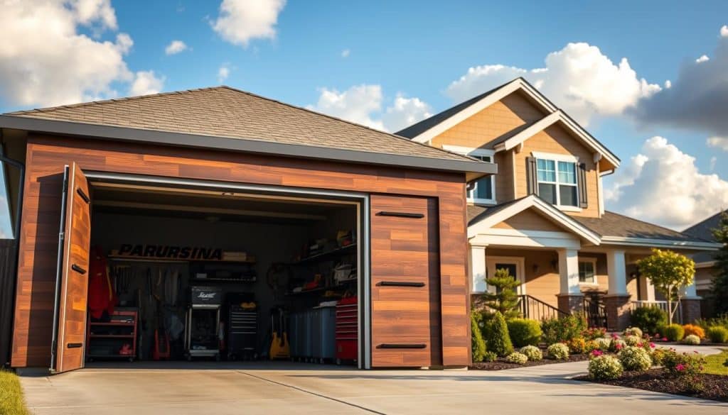 A newly installed modern garage door made of rich, dark wood with sleek metallic accents, prominently displayed in the foreground. The door is partially open, revealing a tidy garage space filled with organized tools and equipment. In the middle ground, a well-maintained suburban house showcases its attractive facade, complete with fresh landscaping and colorful flowers. The background features a clear blue sky with soft, fluffy clouds, enhancing the sense of a bright, welcoming day. The lighting is warm and inviting, casting gentle shadows that highlight the textures of the garage door and surroundings. Capture the mood of modern home improvement and increased property value, emphasizing the aesthetic appeal of the new garage door in a residential setting.