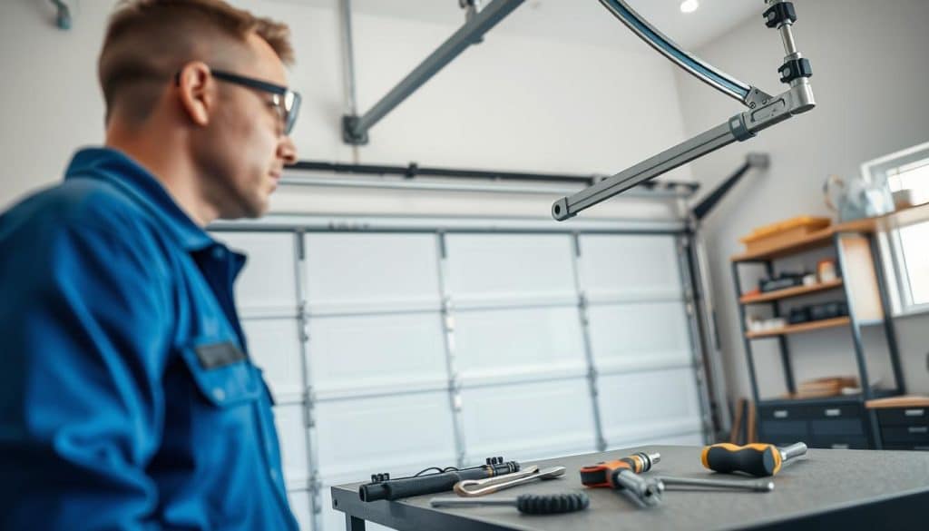A professional technician in a clean, well-organized garage, performing maintenance on a modern sectional garage door. The foreground shows the technician, dressed in a blue uniform and safety goggles, examining the door's mechanics with a wrench in hand. In the middle ground, the garage door is partially open, revealing well-maintained springs and tracks. Tools are neatly arranged on a workbench, indicating readiness for service. The background features shelving with garage supplies and soft natural light filtering through a window, creating a welcoming atmosphere. The angle is slightly low, emphasizing the technician's focus on the task. The overall mood is professional, highlighting the importance of garage door maintenance.
