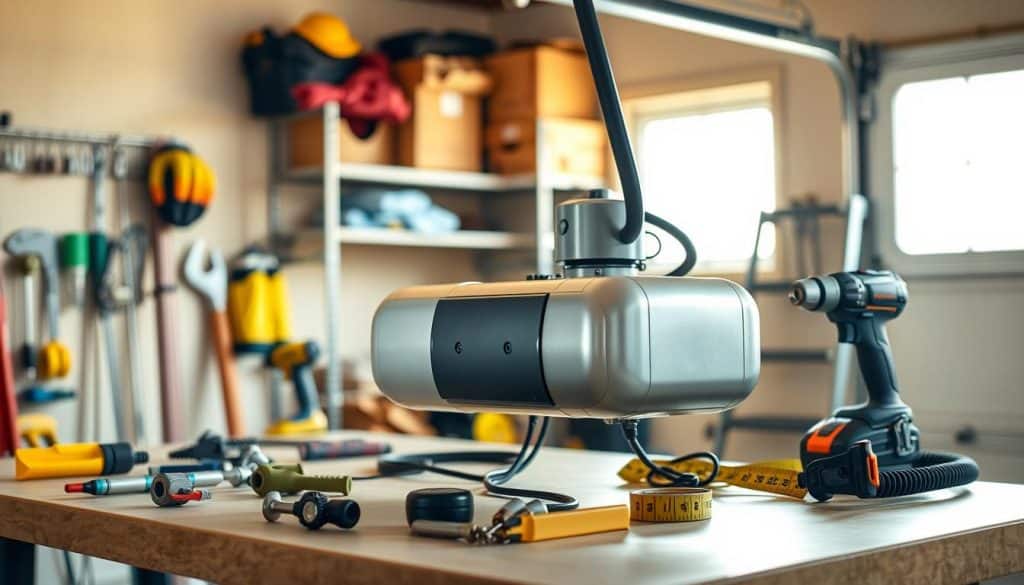 A well-lit garage interior showcasing a modern garage door opener kit on a workbench. In the foreground, focus on the shiny, intricately designed garage door opener with visible wiring and installation components neatly organized around it. The middle ground features essential tools like a power drill, screwdrivers, and a measuring tape, all arranged methodically to indicate preparation for installation. The background displays shelves stocked with safety gear such as gloves and goggles, emphasizing safety for the task. The scene has a warm, inviting atmosphere, with natural light filtering through a nearby window, highlighting the tools and creating soft shadows for depth. The composition should suggest a practical workspace ready for a home improvement project.