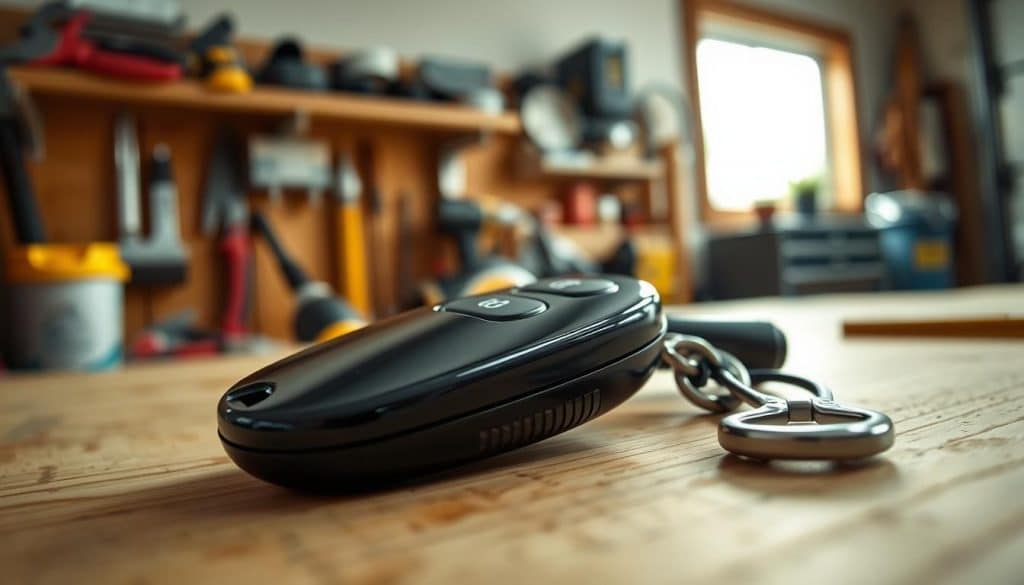 A close-up of a sleek, modern garage door opener remote lying on a wooden workbench in a well-lit garage. The remote should have a smooth, ergonomic design, featuring buttons clearly labeled for opening and closing the garage door. In the background, partially blurred tools and hardware can be seen, creating a home improvement atmosphere. Soft, natural light streams in from a nearby window, highlighting the glossy finish of the remote, which should catch the eye. The angle is slightly tilted downwards, focusing on the remote while subtly showcasing the organized workspace around it, evoking a feeling of practicality and readiness for garage projects.