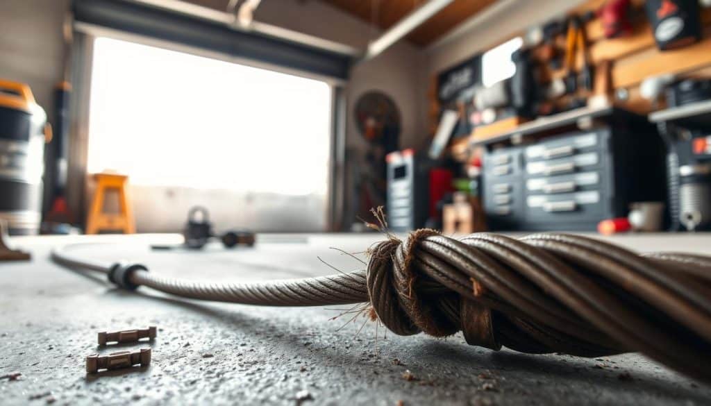 A close-up view of a damaged garage door cable, intricately detailed to show fraying strands and rust. The foreground should prominently feature the cable, perhaps lying on a concrete garage floor, with some metal components scattered around, such as pulleys or springs. In the middle ground, a partially opened garage door with a muted gray color can be seen, emphasizing the need for repair. The background should be a cluttered but organized garage workspace, with tools and spare parts visible, illuminated by bright, natural light coming from a window, creating a clean and well-maintained atmosphere. The overall mood is one of urgency and practicality, suggesting that attention is needed to address the cable's condition.