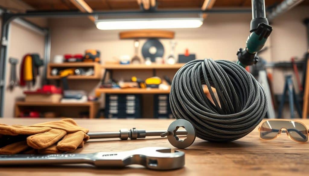 A close-up view of a garage door cable system, prominently featuring the cable itself, coiled and ready for installation. In the foreground, a pair of safety gloves and a wrench are placed beside the cable, emphasizing the tools necessary for repair. In the middle ground, the garage door track is visible, showcasing the cable's attachment point, along with safety gear like goggles laid out on a workbench. The background displays a well-organized garage with shelves filled with tools and repair parts, softly lit by warm overhead lighting to create an inviting atmosphere for DIY enthusiasts. The angle captures the scene from slightly above eye level, highlighting the intricate details of the cable and tools while maintaining a clean and professional look.