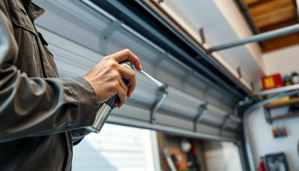A close-up view of a garage door with visible lubrication application in progress. In the foreground, a professional technician in modest casual clothing is using a spray can to apply lubricant to the garage door springs, ensuring a smooth operation. The technician's hands are focused and precise, demonstrating care for safety and longevity. In the middle ground, the garage door shows signs of wear, emphasizing the importance of regular maintenance, with some rust on the springs. The background captures a well-organized garage setup with tools and shelves, under natural lighting that reflects a bright, clean atmosphere. The overall mood conveys professionalism and the importance of maintenance for safety and reducing noise.