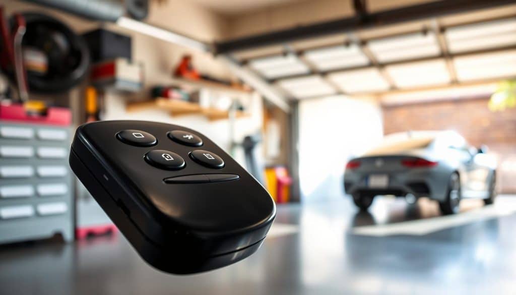 A close-up view of a sleek, modern garage door remote control, featuring ergonomic buttons and a glossy finish. The remote is positioned prominently in the foreground, reflecting a soft light that highlights its contours and features. In the middle ground, a blurred background showcases a partially opened garage door, hinting at a stylish garage interior with organized tools and a car, creating a practical atmosphere. Natural lighting filters in through the garage, casting gentle shadows. The composition focuses on the remote, providing an informative and engaging visual representation, evoking a sense of reliability and modernity. The overall mood is professional and informative, suitable for a home improvement context.