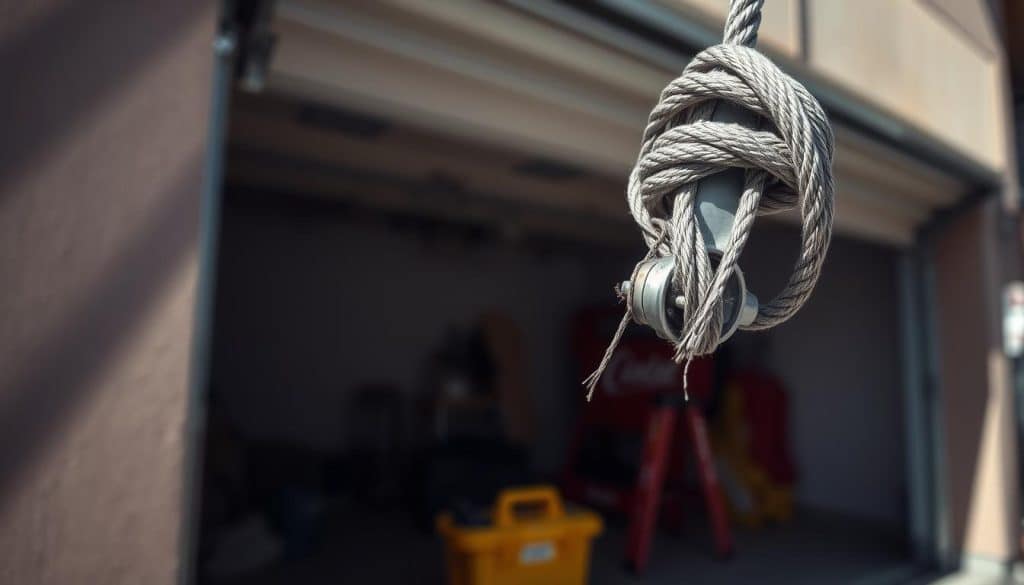 A detailed close-up of a garage door cable, showcasing its intricate metal strands and tensioning mechanisms, prominently displayed in the foreground. The cable is slightly frayed, highlighting wear and tear, against a backdrop of a partially open garage door, with shadowy corners to create a sense of depth. Natural lighting filters in from the open door, illuminating the metallic surface of the cable, while soft shadows enhance the textures. The image captures a serious atmosphere, emphasizing the necessity for safety and caution when handling garage door components. A toolbox can be seen blurred in the background, hinting at maintenance activities, with a focus on the cable as the central subject. The overall mood is informative and cautionary, perfect for illustrating the importance of safety in garage door repair.