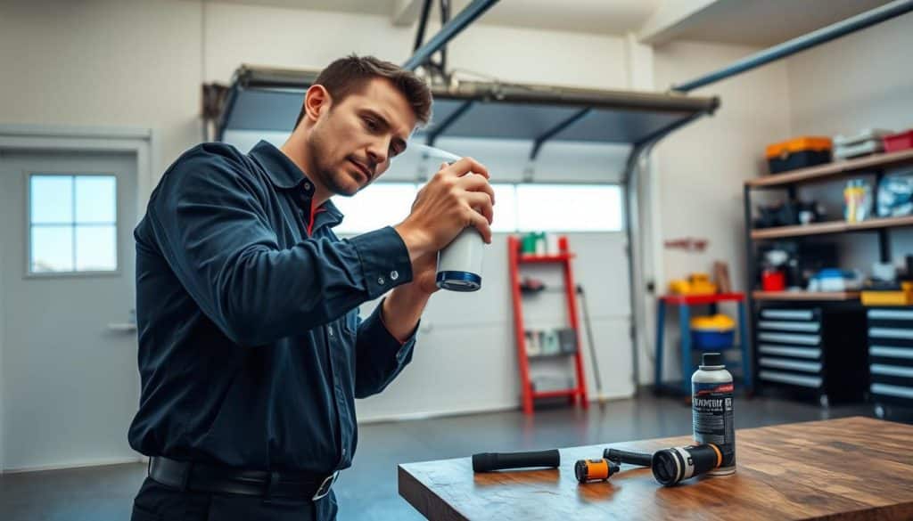 A focused image of a garage door being lubricated in a well-lit, organized garage. In the foreground, a professional technician dressed in smart casual attire applies a lubricant spray to the garage door's metal spring mechanism using a precision nozzle. The middle ground showcases the open garage door revealing a clear blue sky outside. Tools like a flashlight and lubricant canister are neatly arranged on a workbench. The background features polished concrete flooring and shelves lined with various garage supplies. Soft, natural light filters in, creating a clean and functional atmosphere. The overall mood is professional yet approachable, emphasizing a sense of expert maintenance and care for garage door springs.