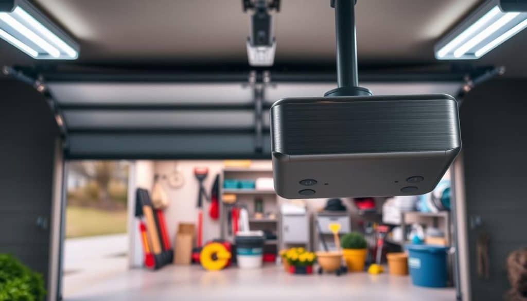 A modern garage door opener is prominently featured in the foreground, showcasing its sleek design with a brushed metal finish and illuminated buttons. The middle ground includes a garage door partially open, revealing a clean, organized garage space filled with tools and gardening equipment, with soft shadows created by overhead LED lights. In the background, a well-maintained driveway leads to a suburban home, suggesting security and comfort. The atmosphere is calm and secure, evoking a sense of peace. The lighting is bright and inviting, emphasizing the advanced technology of the garage door opener. The angle is slightly above eye level, capturing the opener and the garage environment in a cohesive, informative manner, free of text or distractions.