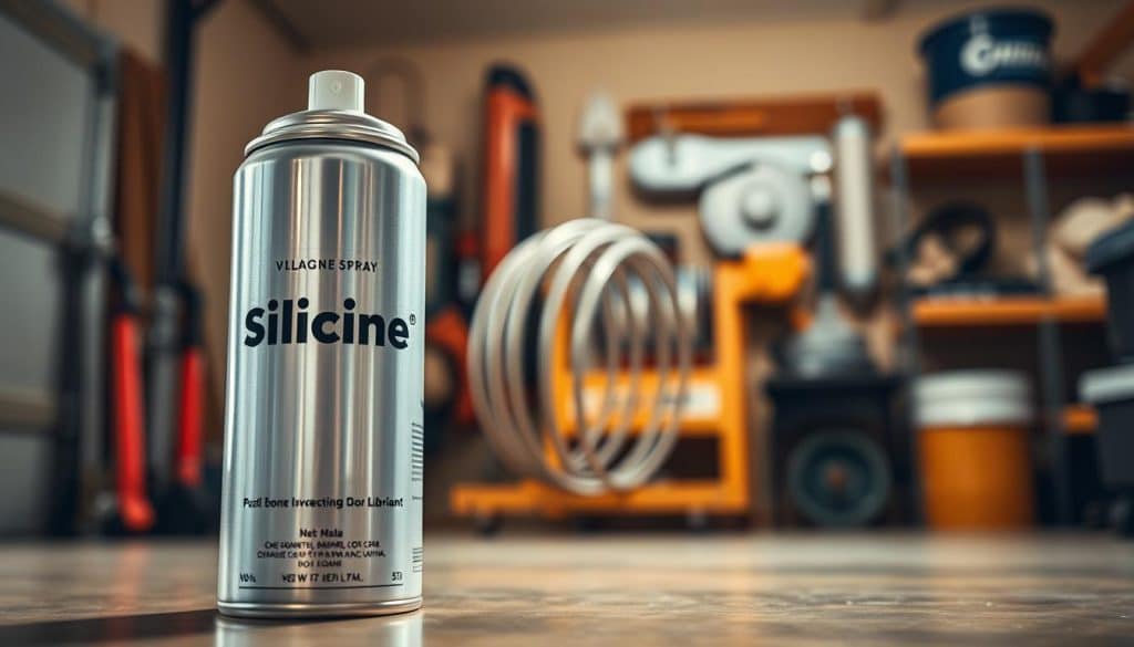 A sleek can of silicone spray positioned prominently in the foreground, its shiny metallic surface reflecting a soft glow under bright, even lighting. The label is clearly visible, showcasing the product name with a modern, professional design. In the middle ground, a blurred garage door spring is partially visible, hinting at the application of the spray, emphasizing its purpose as a lubricant. The background features warm, inviting garage elements such as tools and shelves neatly organized, creating a typical garage atmosphere. The overall mood conveys professionalism and effectiveness, inviting the viewer to consider the benefits of using silicone spray over white lithium grease. The angle is slightly elevated, capturing the can and the garage setting cohesively, while ensuring a clean, uncluttered appearance with no text or distractions.