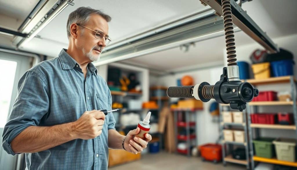 A close-up view of a homeowner conducting garage door maintenance. In the foreground, a middle-aged man in modest casual clothing is inspecting a garage door mechanism, holding tools like a screwdriver and lubricant. The middle ground features a partially opened garage door, showcasing its tracks and springs, with visible signs of wear. In the background, the garage is organized, with shelves of tools and storage bins, bathed in natural light coming from a window. The atmosphere is one of focus and diligence, emphasizing the importance of DIY checks before seeking professional help. The image is captured using a wide-angle lens to provide depth and clarity, highlighting the detailed components of the garage door system.
