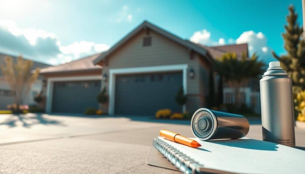 A detailed view of a well-maintained garage door in the foreground, featuring modern, clean lines and a stylish panel design. The middle ground shows a home with a well-kept driveway and tasteful landscaping, emphasizing the importance of curb appeal. In the background, a bright blue sky with soft, fluffy clouds complements the scene, creating a cheerful atmosphere. The lighting is warm and inviting, simulating late afternoon sun, casting gentle shadows that enhance texture. A close-up of a maintenance tool like a lubricant spray can lies next to a notepad with notes on garage door maintenance costs, adding an informative touch. The mood is professional yet approachable, conveying the significance of garage door upkeep. The focus remains on clarity and interaction with the concept of maintenance costs without text or distractions.